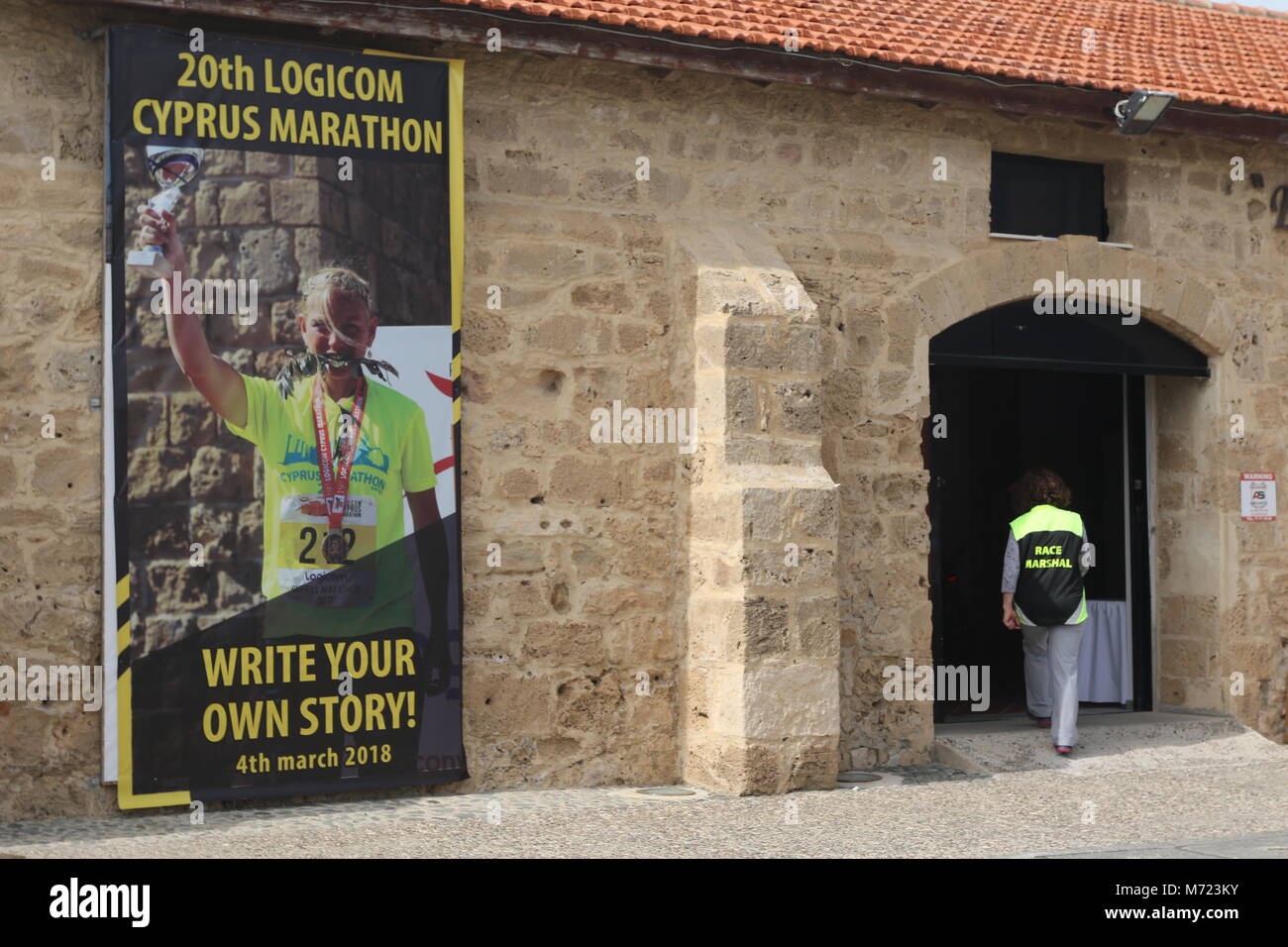 Marshall entering information hall and publicity for the 20th Logicom Cyprus marathon, half marathon, 10KM, 5KM fun run, Cyprus, Europe Stock Photo