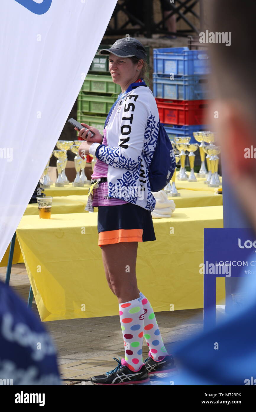 Estonian competitor at the 20th Logicom Cyprus marathon, half marathon, 10KM, 5KM fun run, Paphos harbour near Paphos fort, Cyprus, Europe Stock Photo