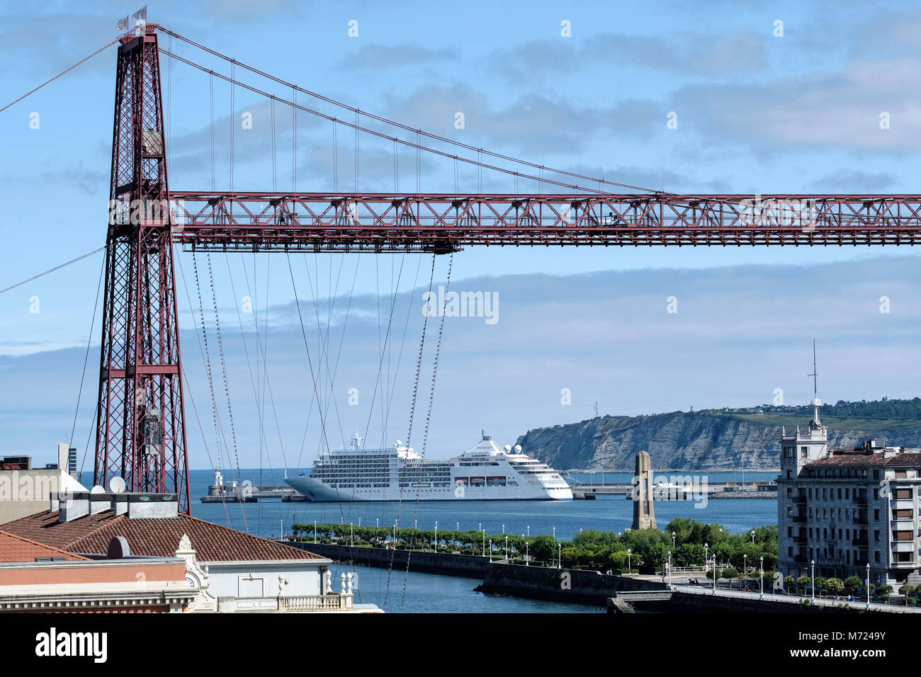Passenger ship anchored in harbour, Puente Colgante, Puente Bizkaia, Portugalete, Las Arenas, Getxo, Vizcaya, Pais Vasco, Spain, Stock Photo