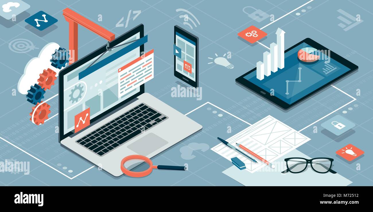 Web design, development and information technology: laptop, smartphone and tablet on an isometric desktop Stock Vector