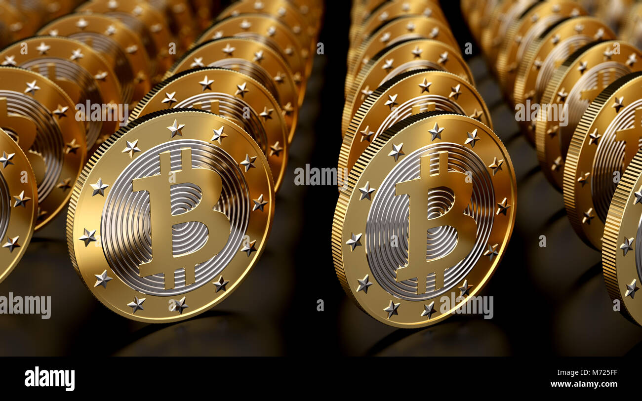 Rows of golden Bitcoins on a glossy underground - background or headline image for Articles, Blogs etc. Stock Photo