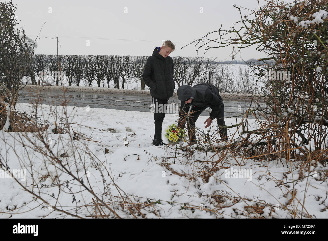 Two youths, aged 17 and 18, place flowers at the scene on the A61 near Thirsk in North Yorkshire where two teenagers died and two children are among seven injured after a three-car crash. Stock Photo
