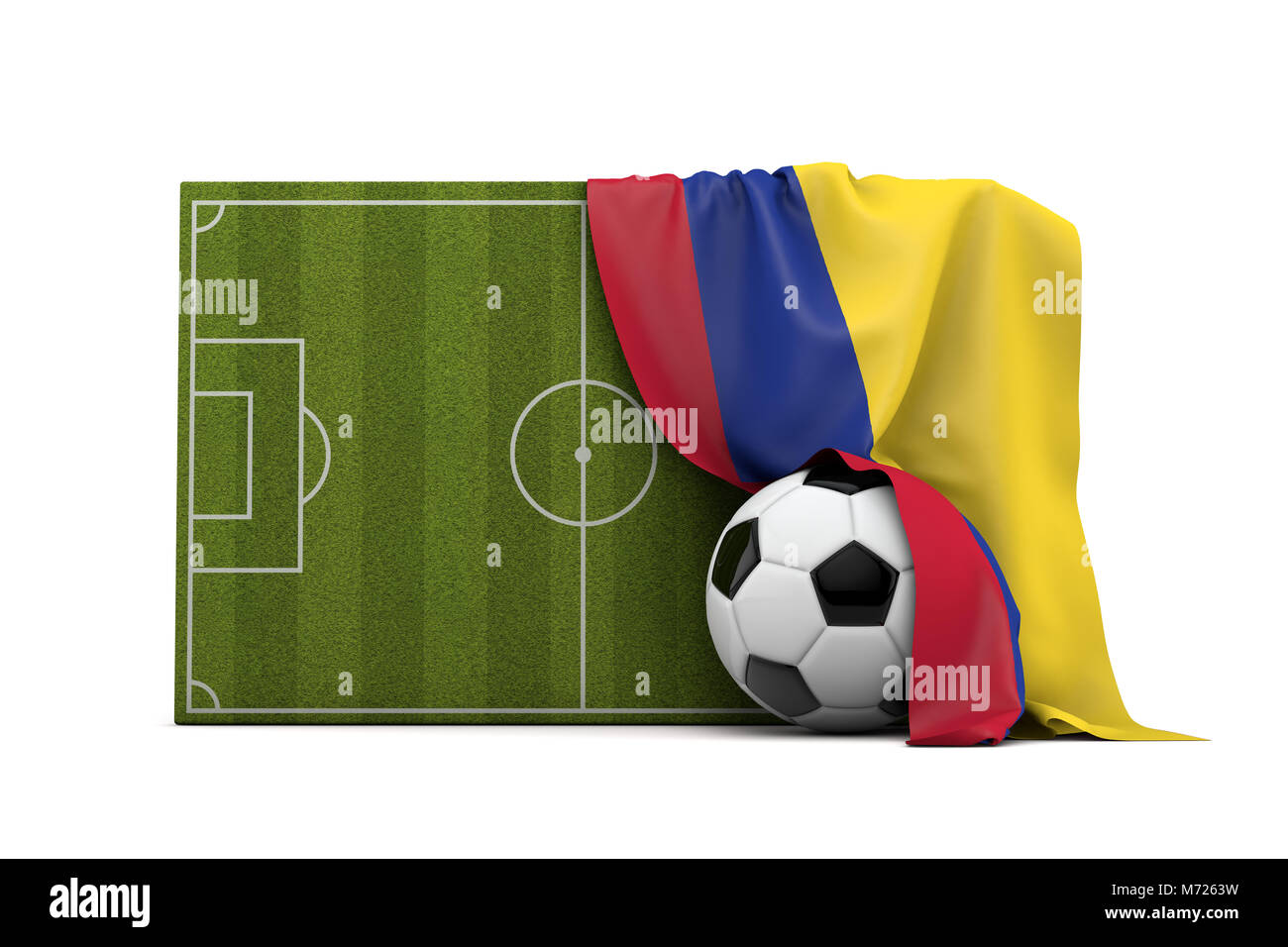 Colombia country flag draped over a football soccer pitch and ball. 3D Rendering Stock Photo