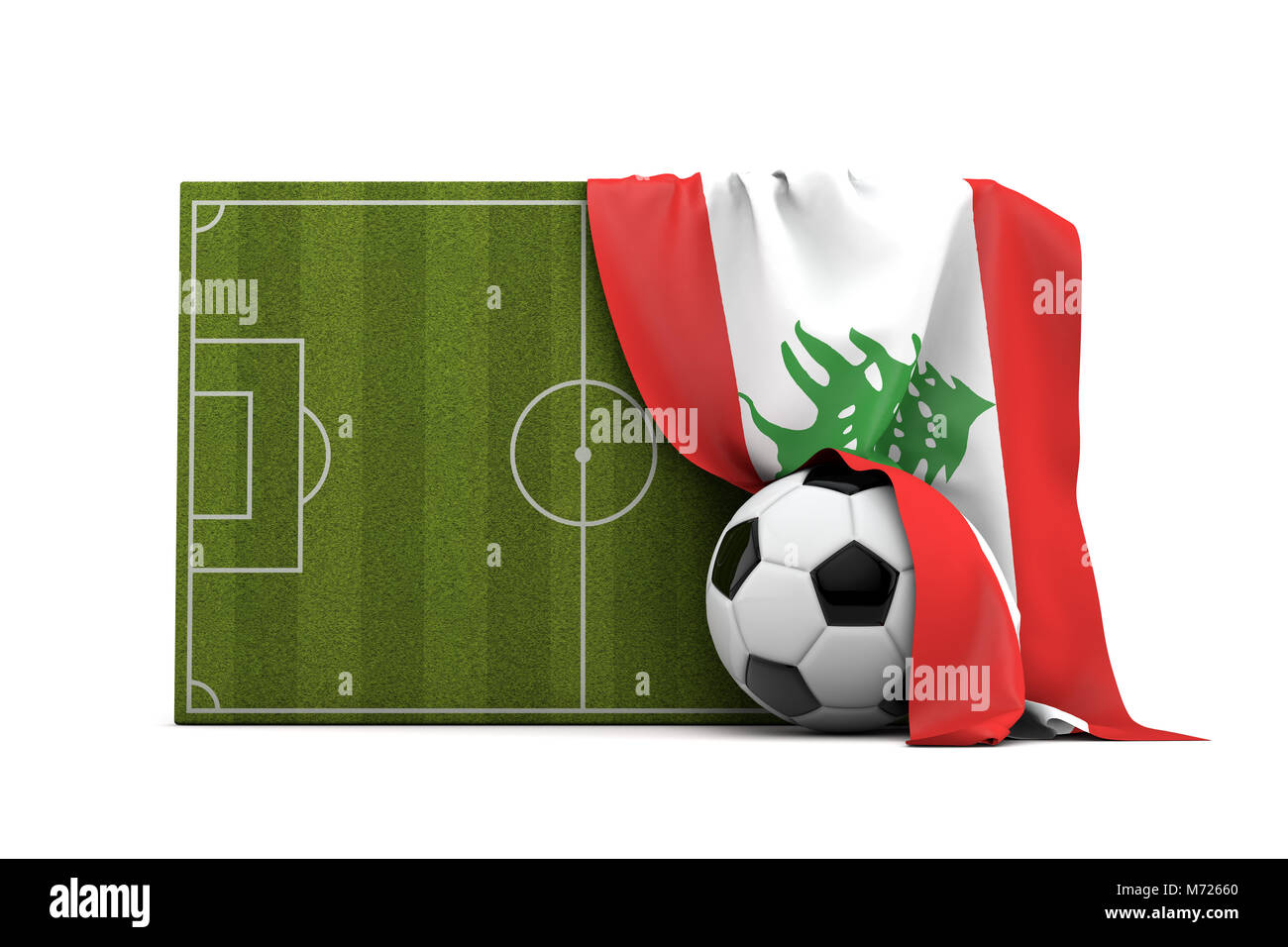 Lebanon country flag draped over a football soccer pitch and ball. 3D