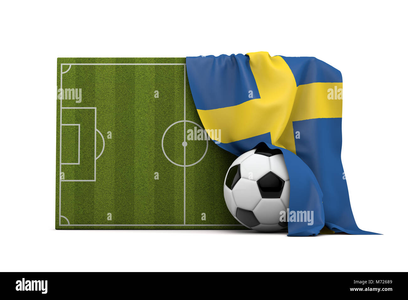 Sweden country flag draped over a football soccer pitch and ball. 3D Rendering Stock Photo