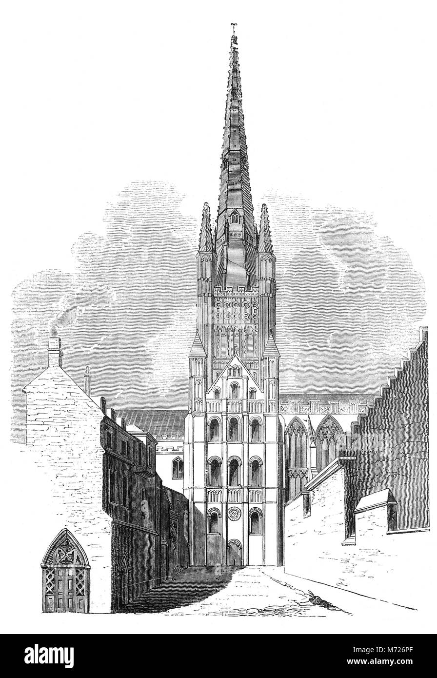 The structure of Norwich cathedral is primarily in the Norman style, having been constructed at the behest of Herbert de Losinga, the first Bishop of Norwich. Building started in 1096 and the cathedral was completed between 1121 and 1145.  The cathedral's ground plan remains almost entirely as it was in Norman times, except for the easternmost chapel. Norfolk, East Anglia, England. Stock Photo