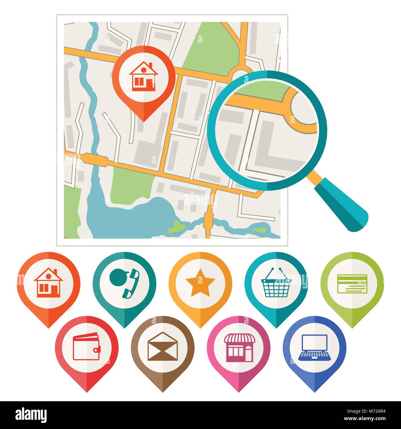 City map abstract background with set of various markers Stock Vector