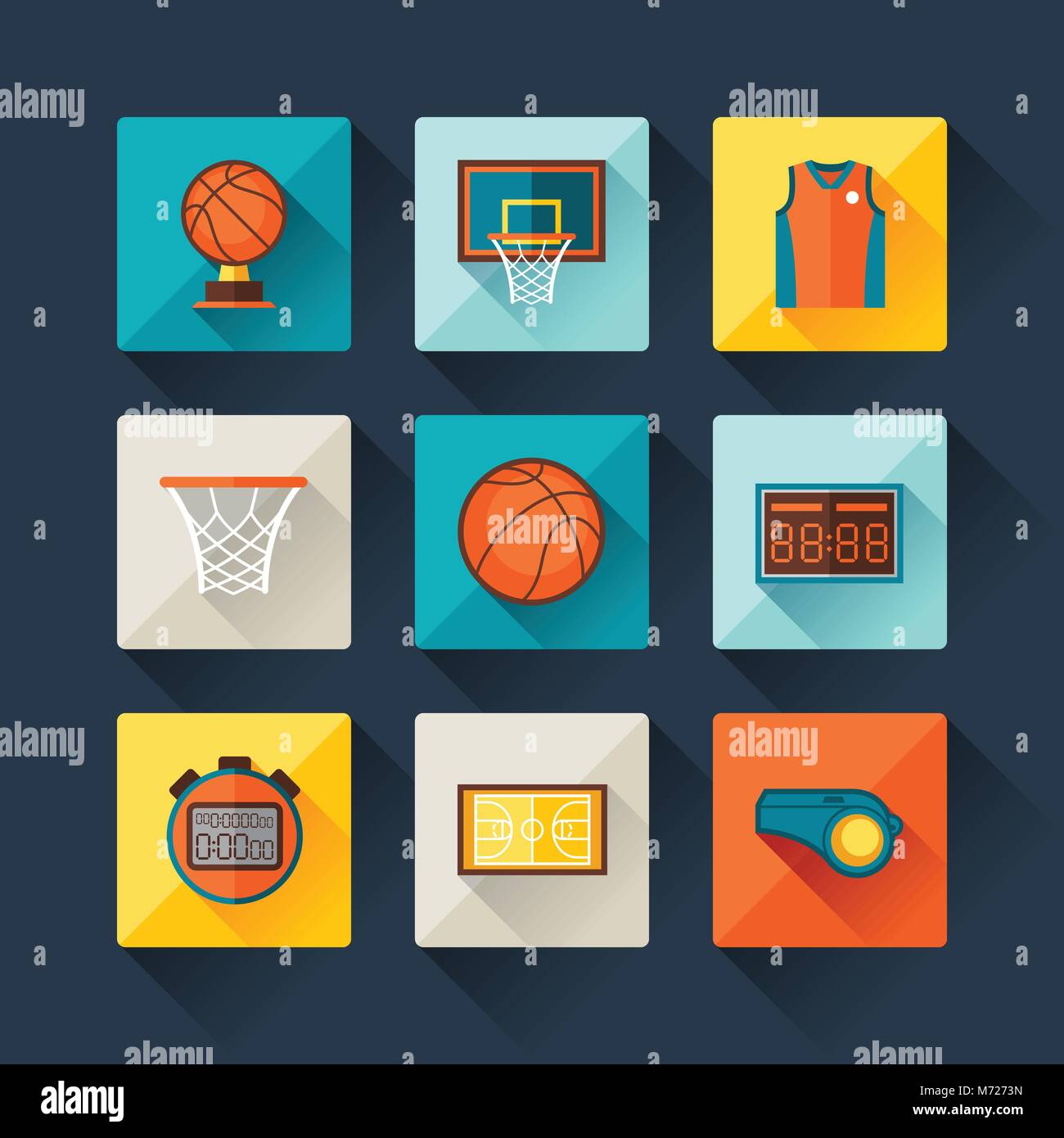 Basketball icon set in flat design style Stock Vector