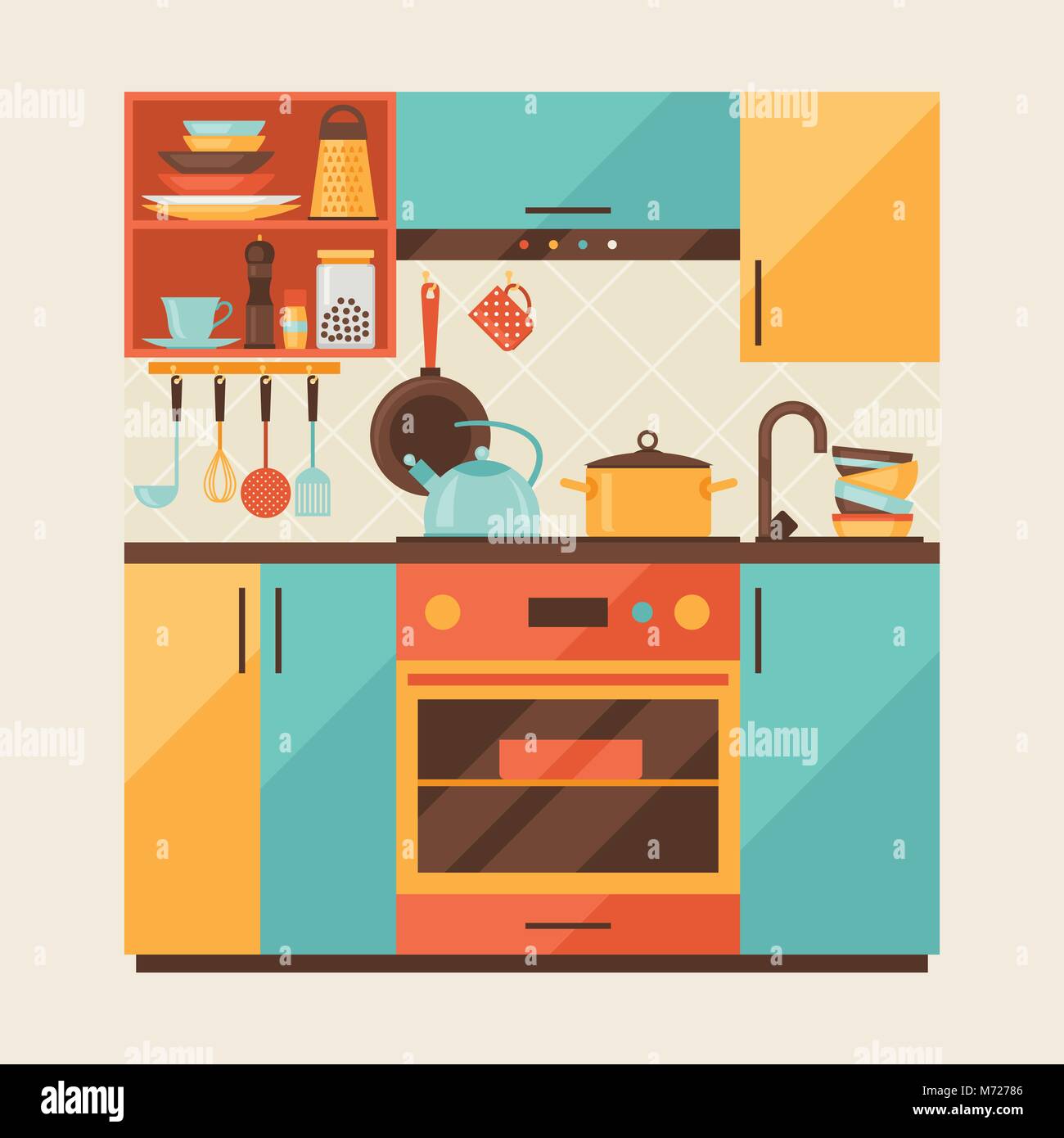 Card with kitchen interior and cooking utensils in retro style Stock Vector