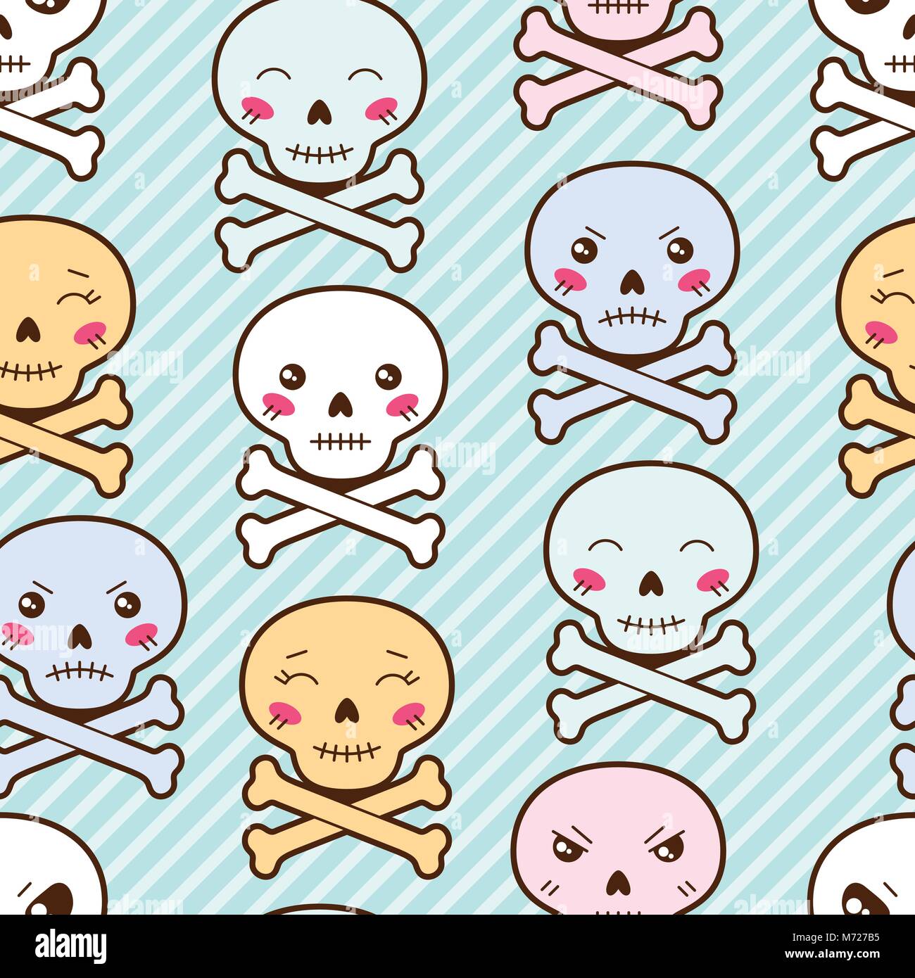 Seamless kawaii cartoon pattern with cute skulls Stock Vector