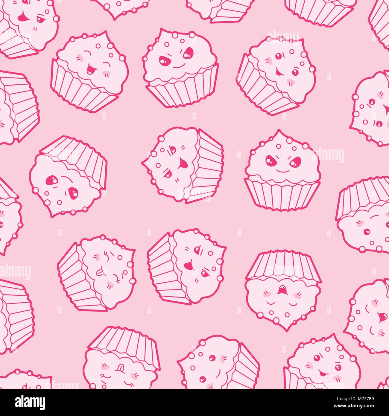 Seamless kawaii cartoon pattern with cute cupcakes Stock Vector
