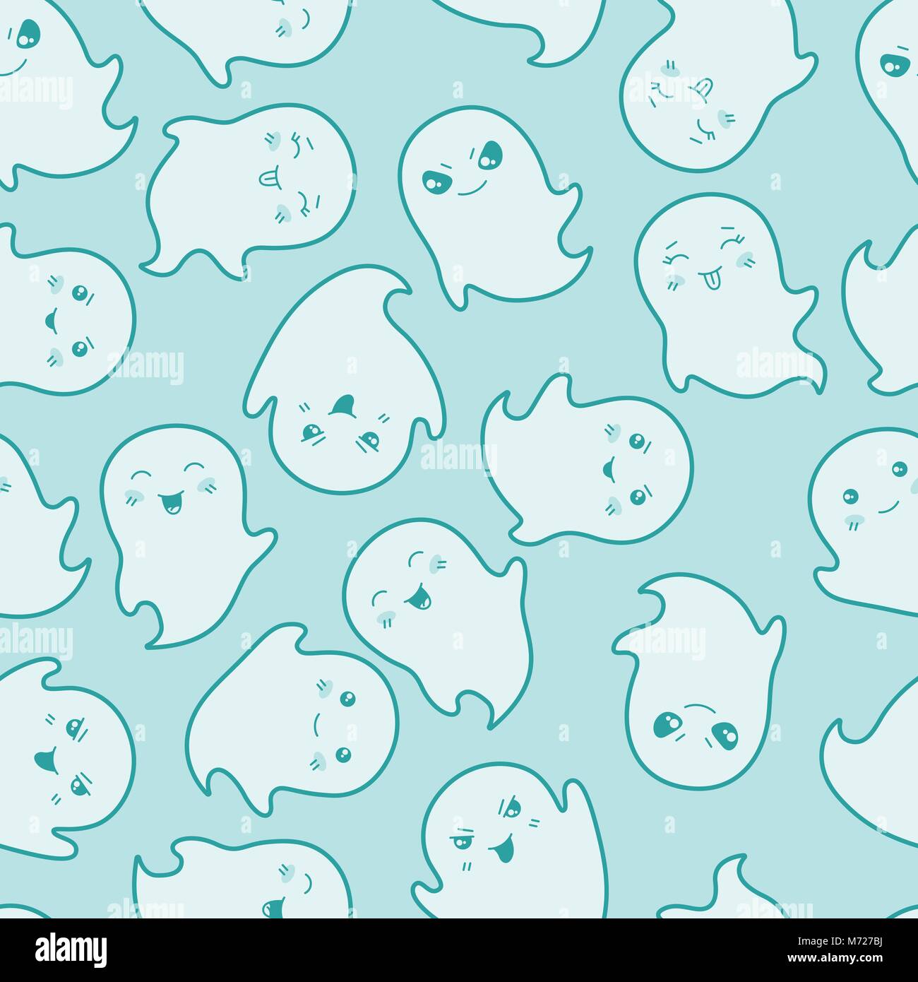 Seamless kawaii cartoon pattern with cute ghosts Stock Vector