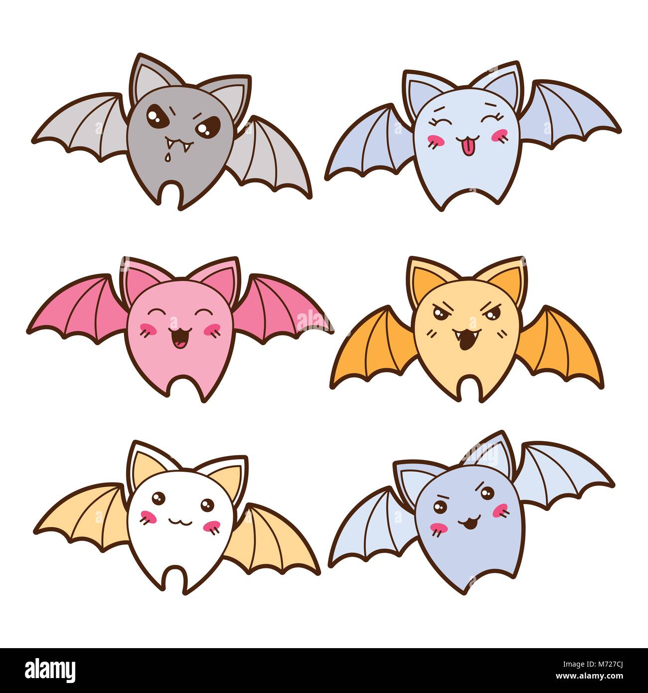 Set of kawaii bats with different facial expressions Stock Vector Image