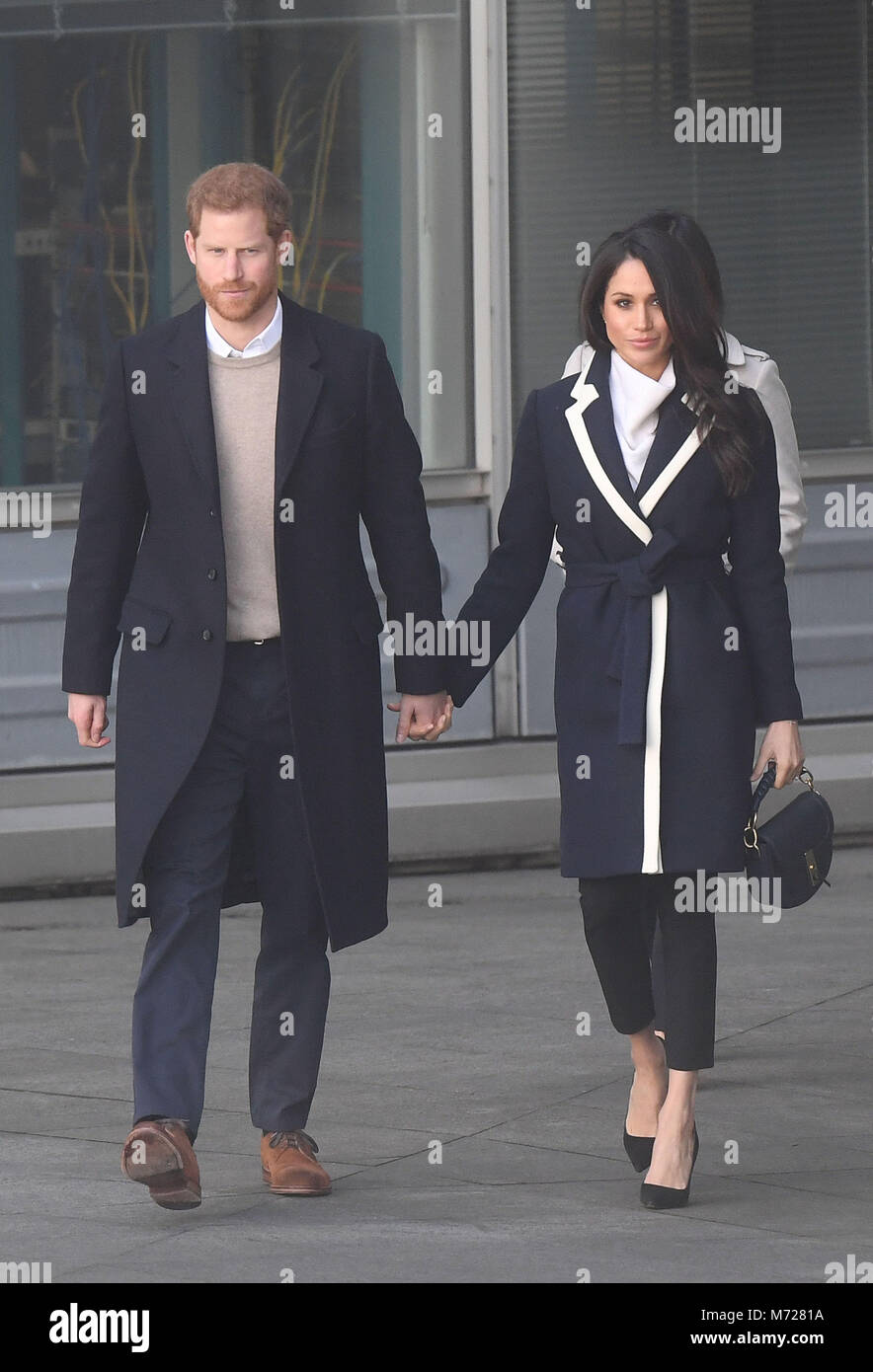 Prince Harry and Meghan Markle leave after a visit to Millennium Point in Birmingham, as part of the latest leg in the regional tours the couple are undertaking in the run-up to their May wedding. Stock Photo