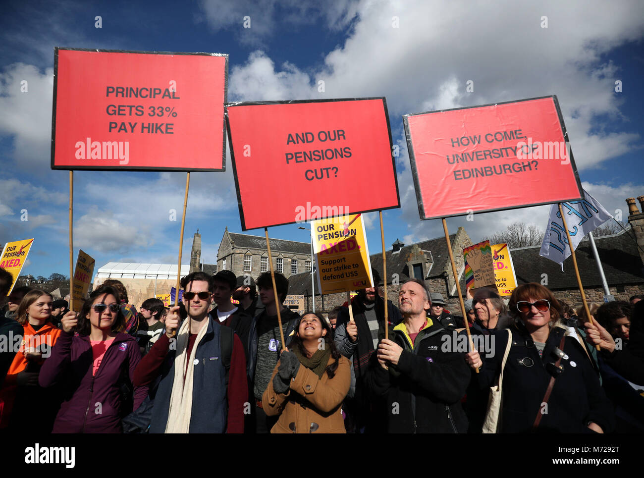 University staff are joined by politicians and students as they hold University pensions row rally outside the Scottish Parliament in Edinburgh as part of their ongoing strike action. Stock Photo