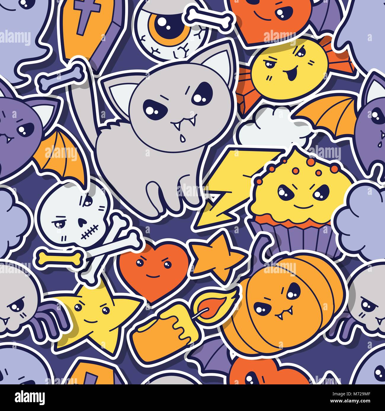 Seamless halloween kawaii pattern with sticker cute doodles Stock ...