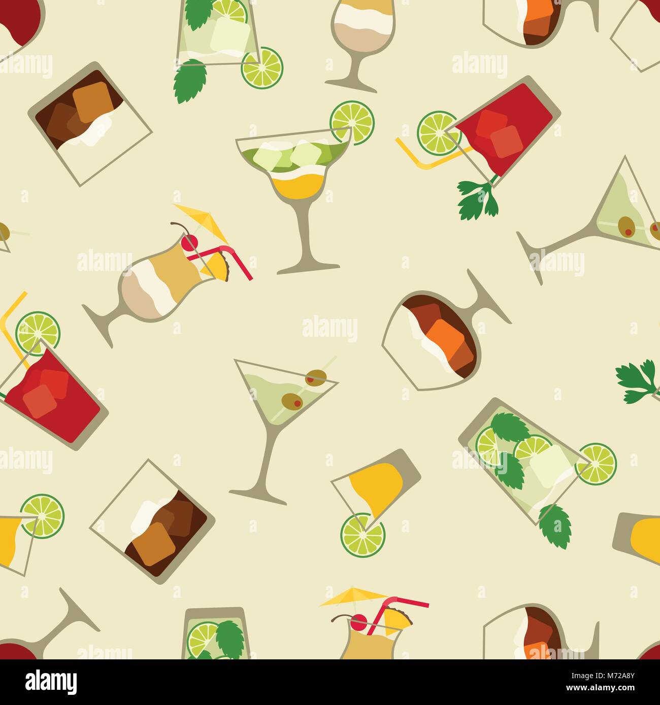Mixed Drinks Cocktails Glass Seamless Vector Pattern, Drawn Bar