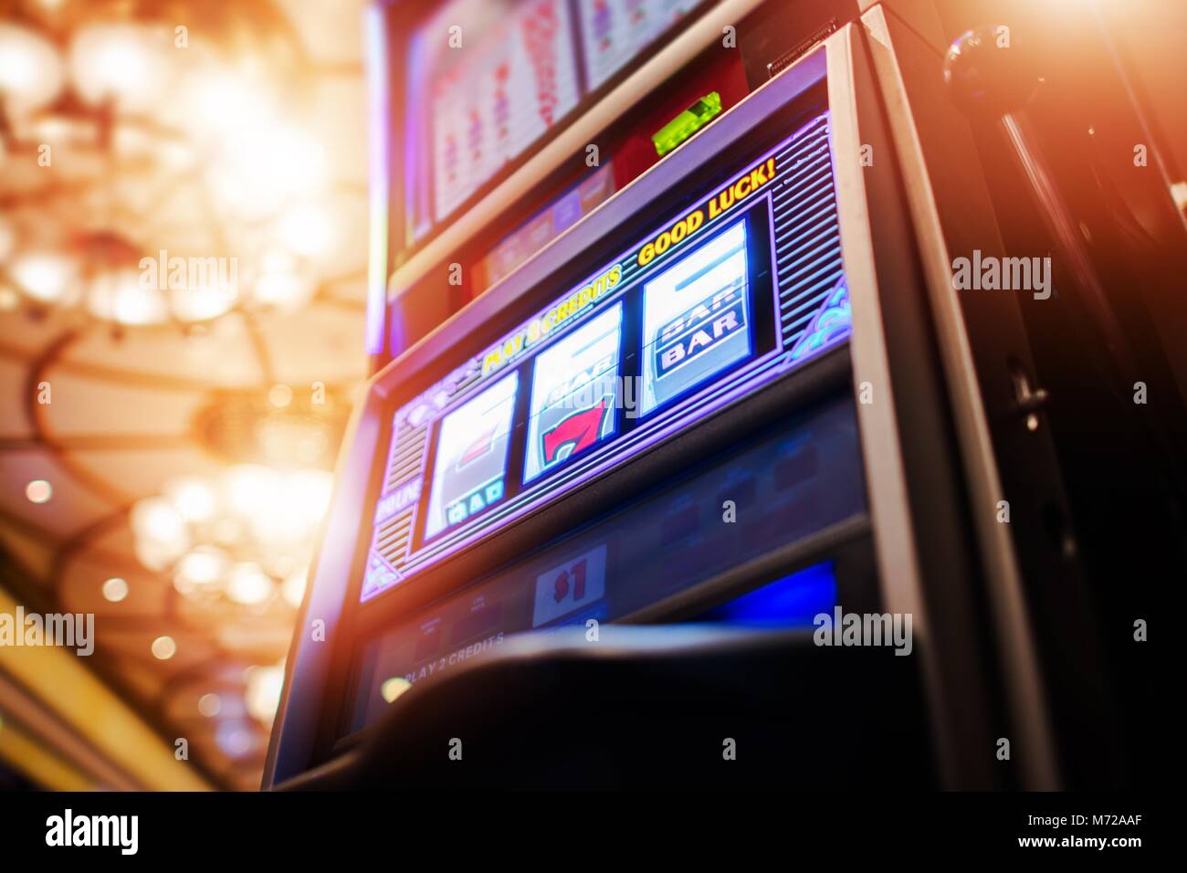 Luxury Casino Slot Machine Awaiting New Player. One Handed Bandit Fruit Machine. Stock Photo
