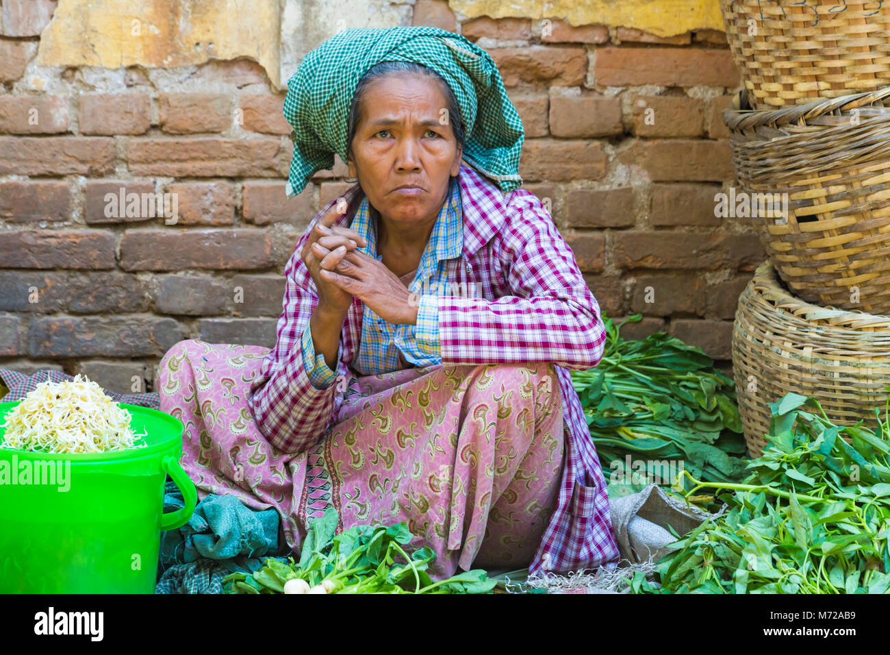Market stall holder at Nyaung Oo Market, Bagan, Myanmar (Burma), Asia