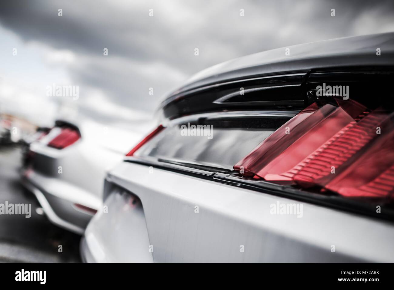 Certified Pre Owned Vehicles in Stock. Car Dealer Lot. Vehicle Rear Closeup. Stock Photo