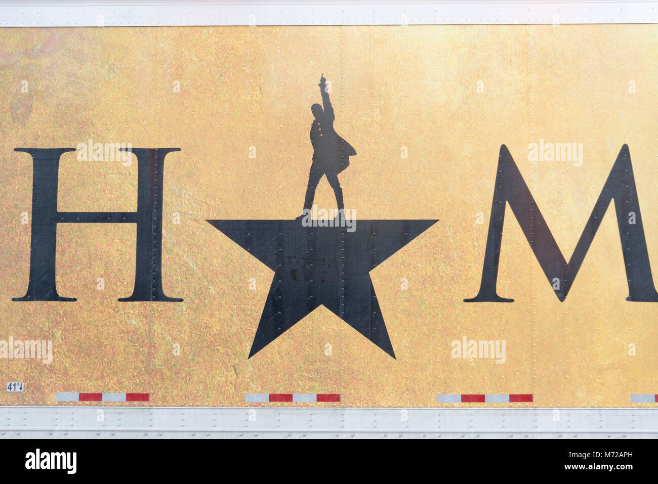 The Historic Paramount theater showing the award winning Broadway musical Hamilton in downtown Seattle afternoon under blue sky: close up logo Stock Photo