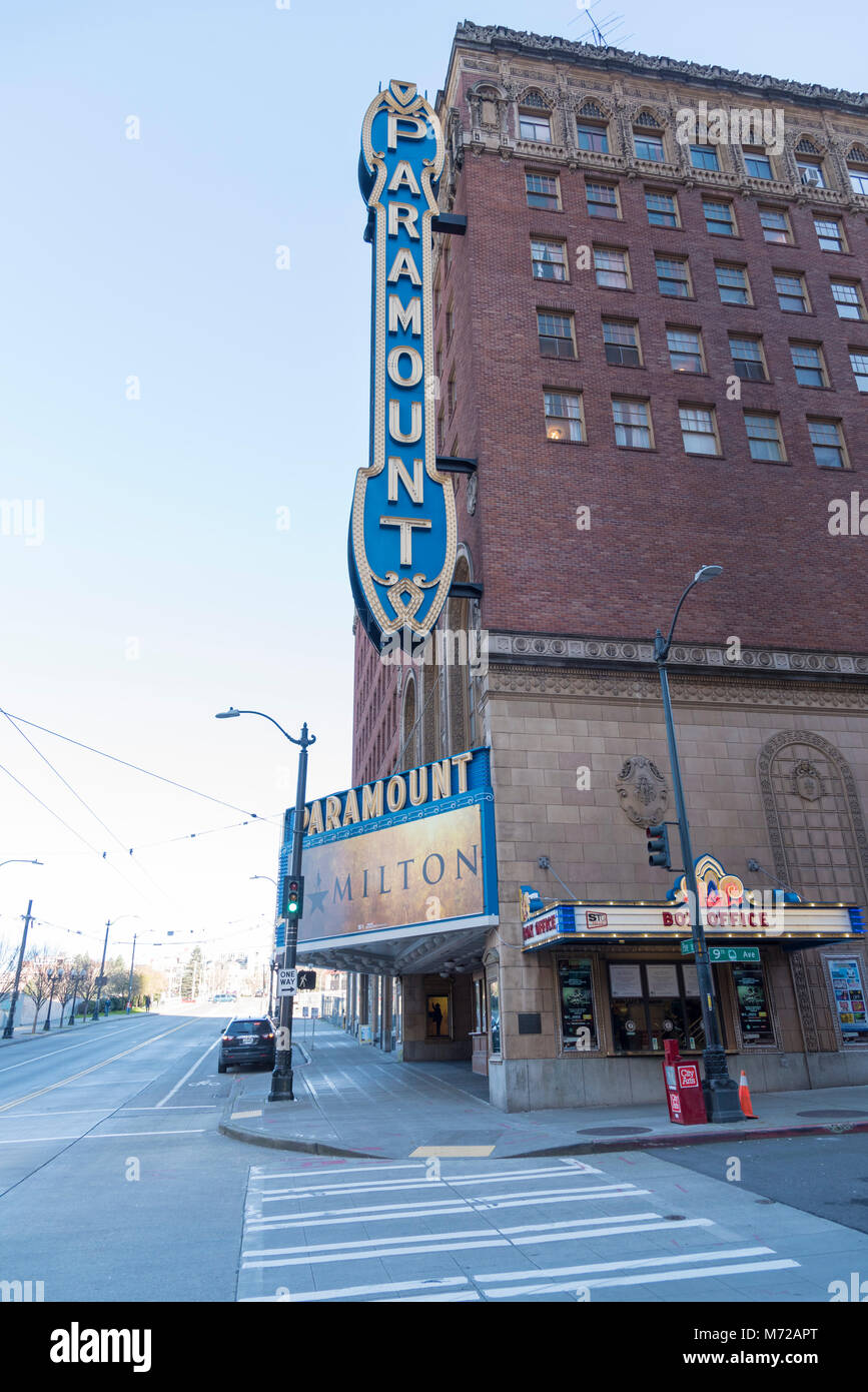 The Historic Paramount theater showing the award winning Broadway musical Hamilton in downtown Seattle afternoon under blue sky: Box office window Stock Photo