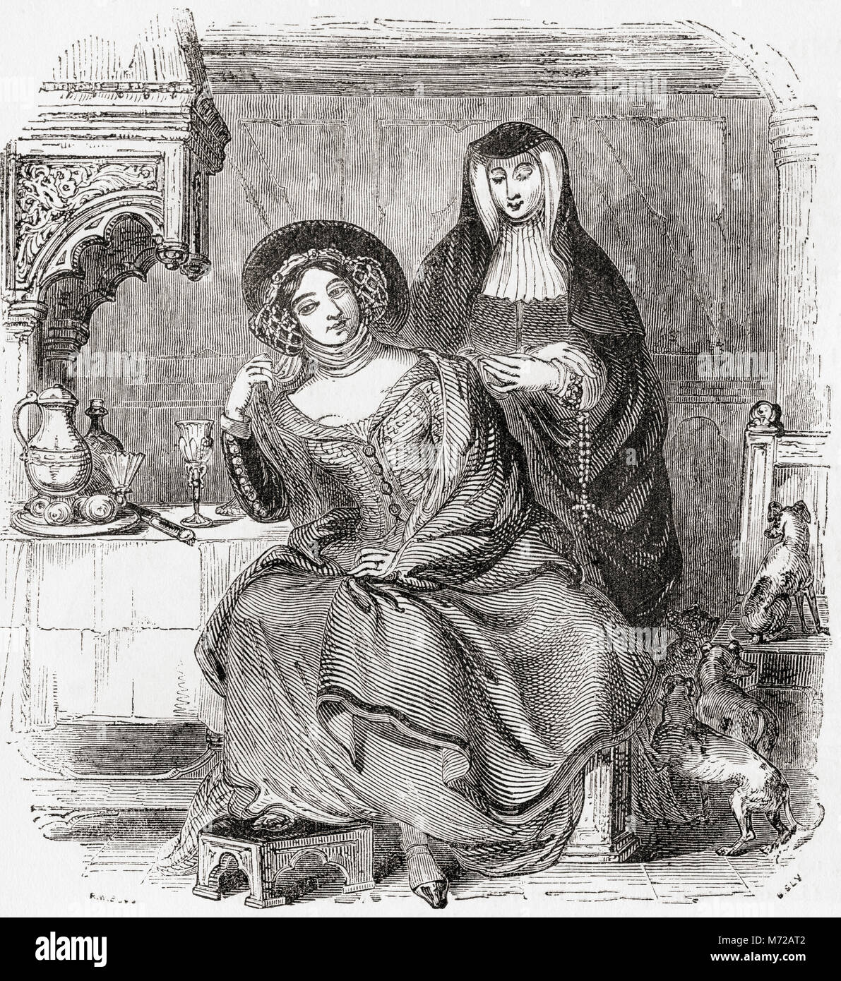 The Prioress and the Wife of Bath.  From Old England: A Pictorial Museum, published 1847. Stock Photo