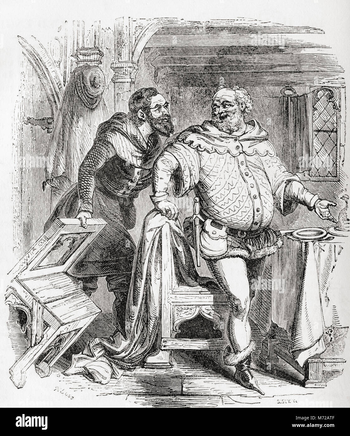 The Franklin and the Merchant.  From Old England: A Pictorial Museum, published 1847. Stock Photo