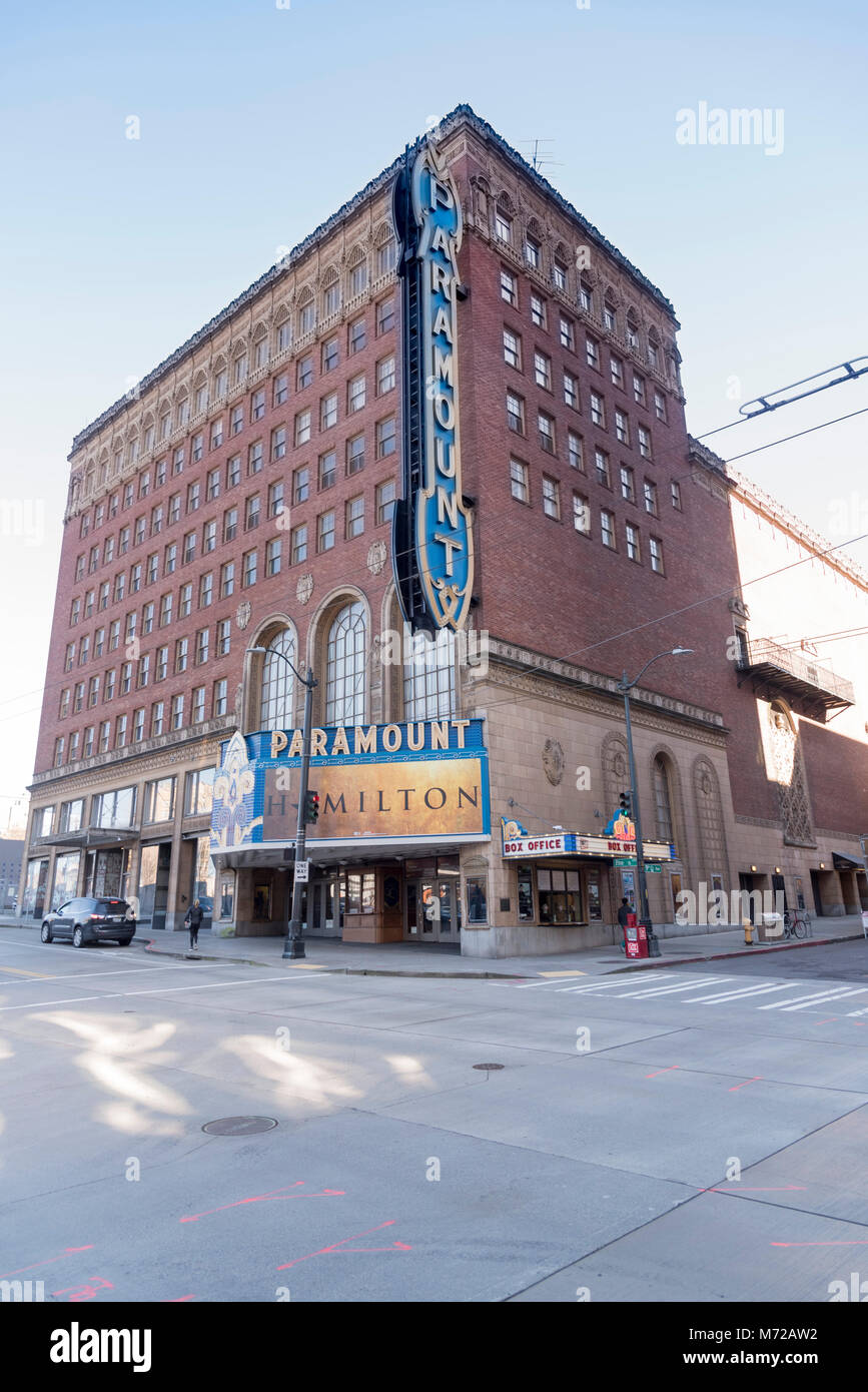 The Historic Paramount theater showing the award winning Broadway musical Hamilton in downtown Seattle afternoon under blue sky: Vertical portrait Stock Photo