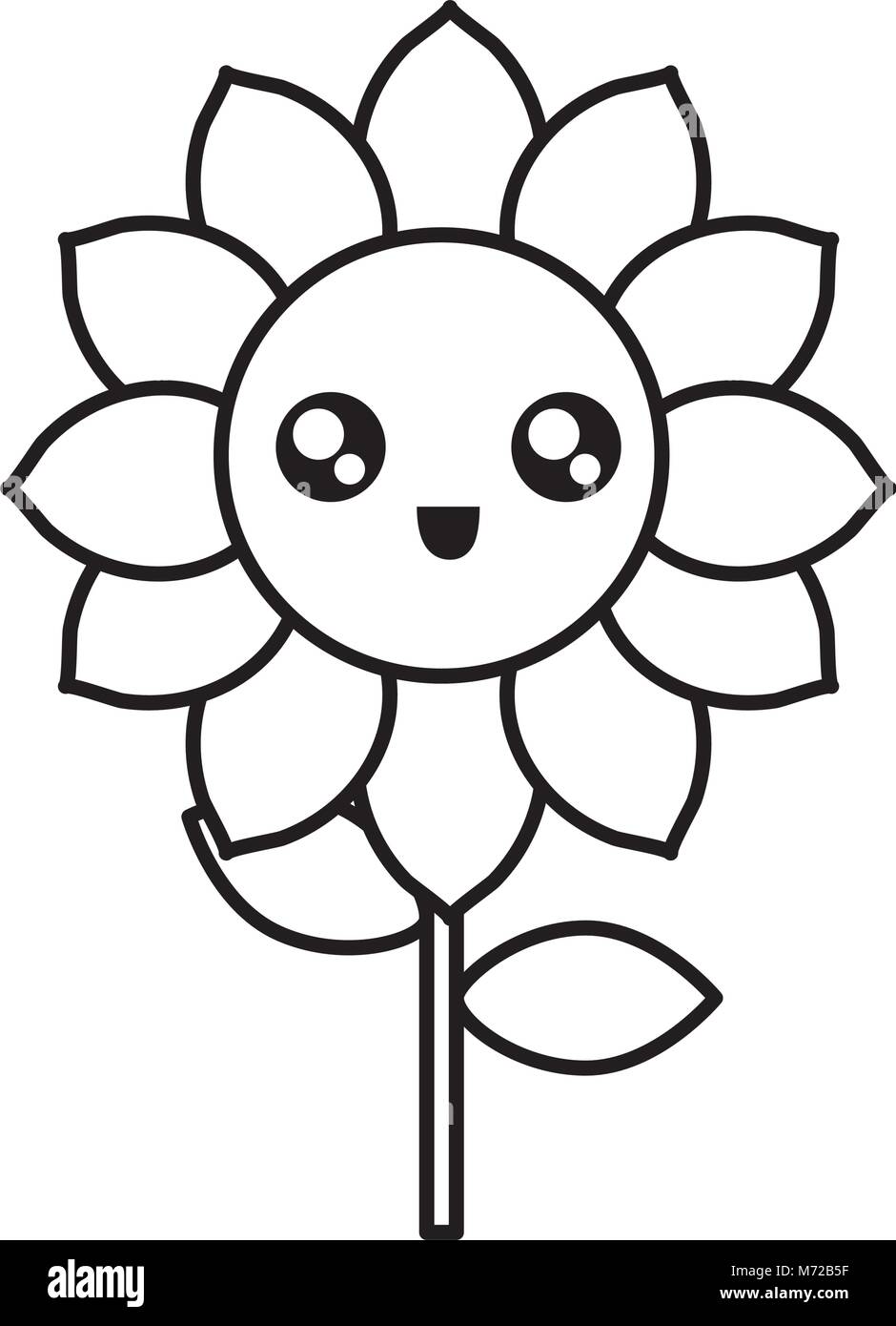 flat line uncolored kawaii sunflower with stem and leaves over white
