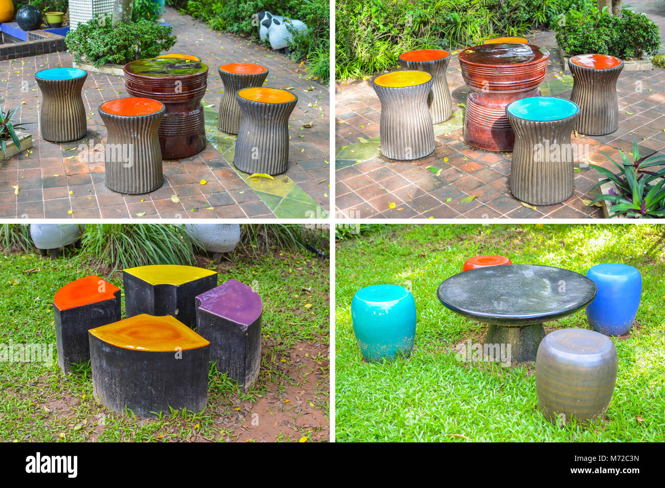 Set of wooden chair and ceramic tables for see garden Stock Photo Alamy