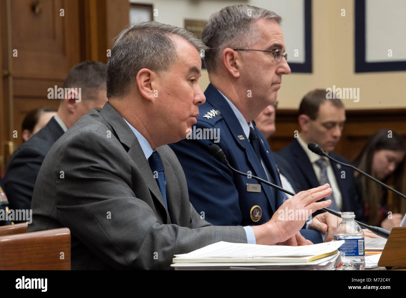 Under Secretary of Defense for Policy John C. Rood, and Air Force Gen. John E. Hyten, commander of U.S. Strategic Command, testify before the House Armed Services Committee in Washington, D.C. March 7, 2018. (DoD photo by EJ Hersom) Stock Photo
