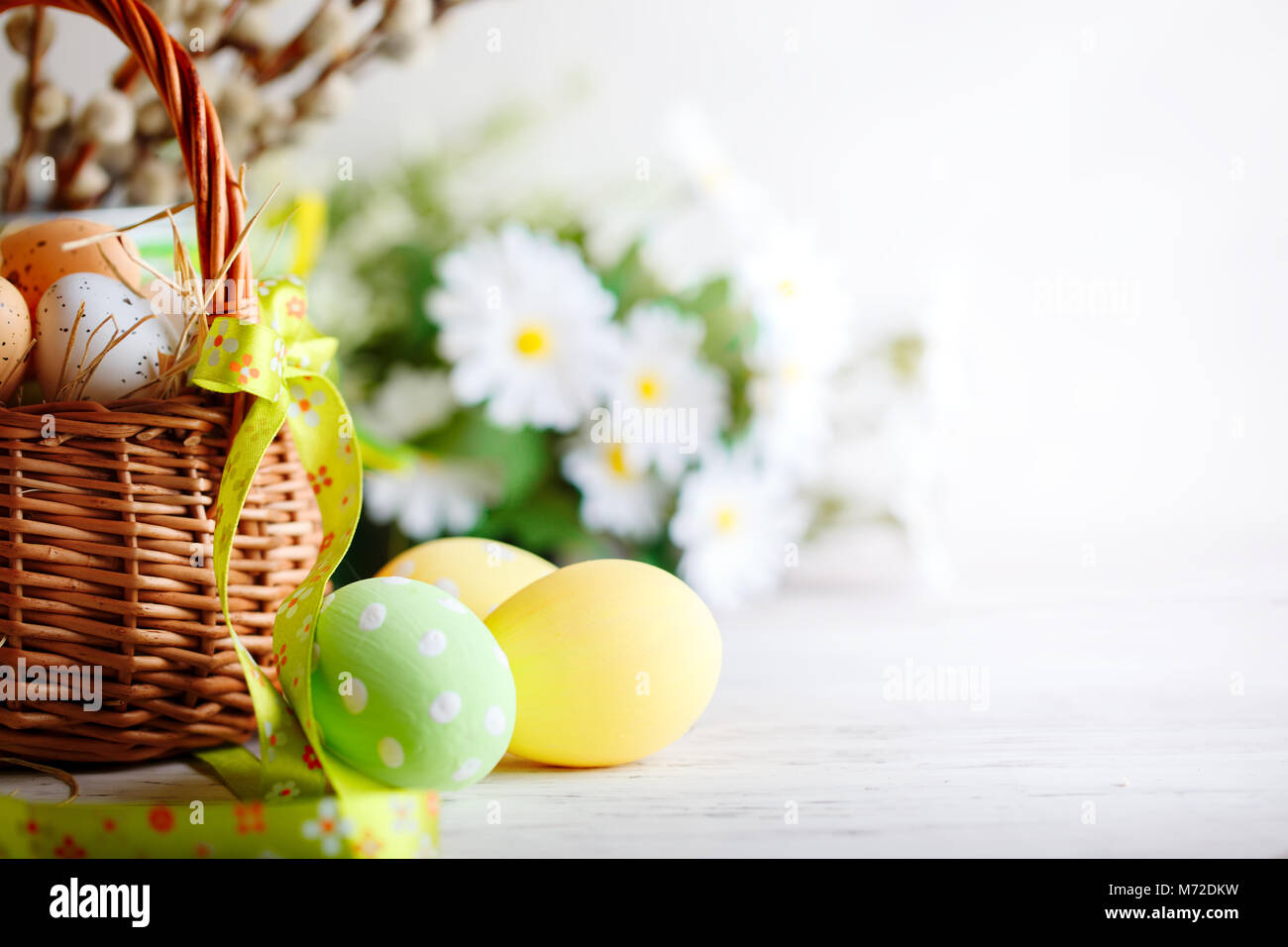 Happy Easter. Congratulatory easter background. Easter eggs and flowers