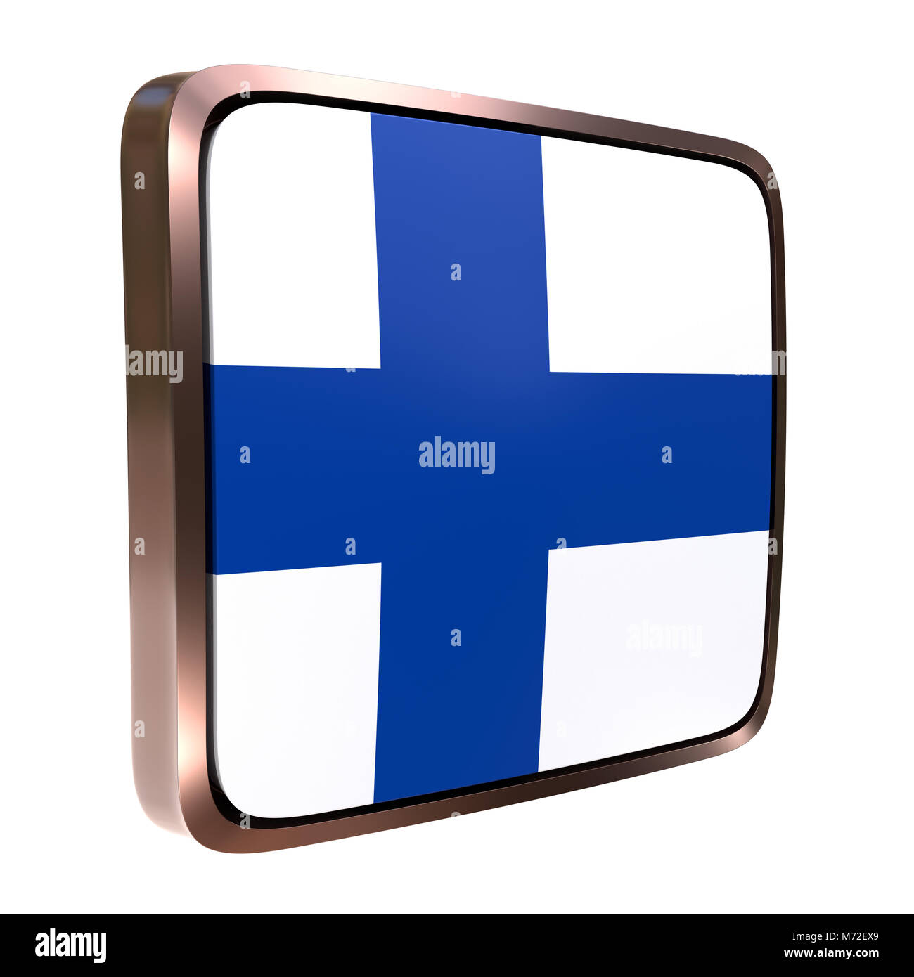 3d rendering of a Finland flag icon with a metallic frame. Isolated on ...