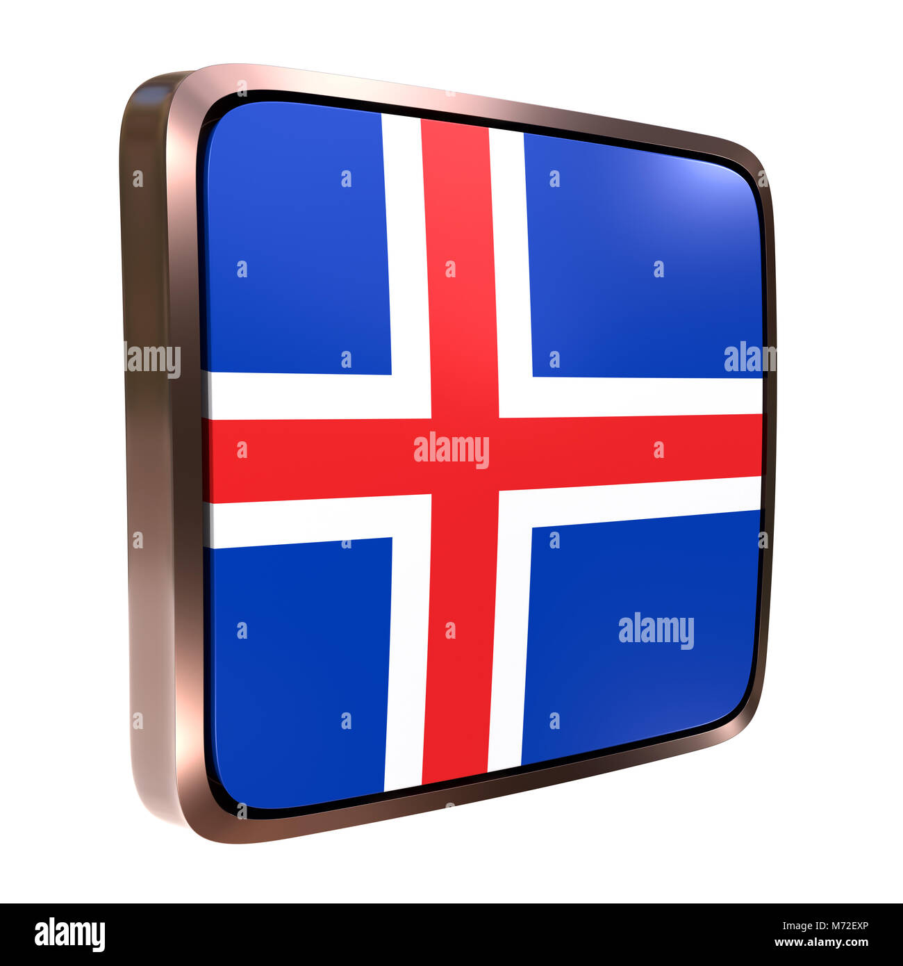 3d rendering of an Iceland flag icon with a metallic frame. Isolated on ...