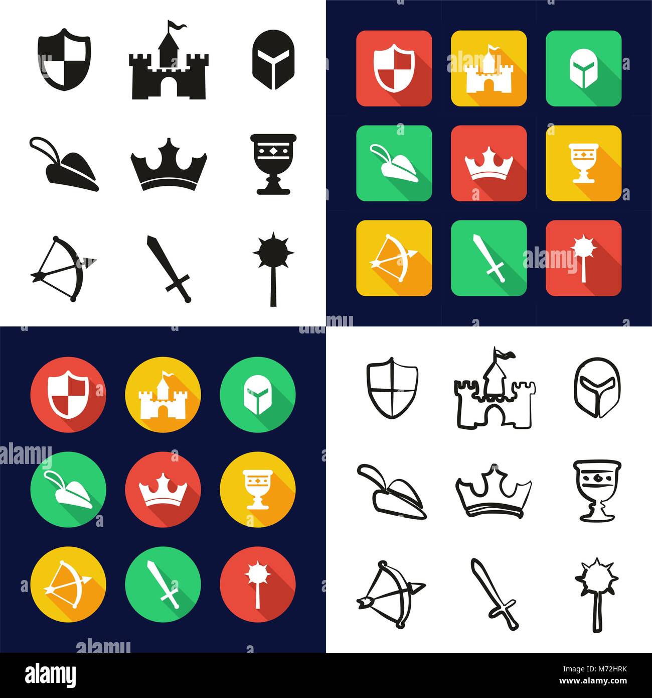 Medieval All in One Icons Black & White Color Flat Design Freehand Set Stock Vector