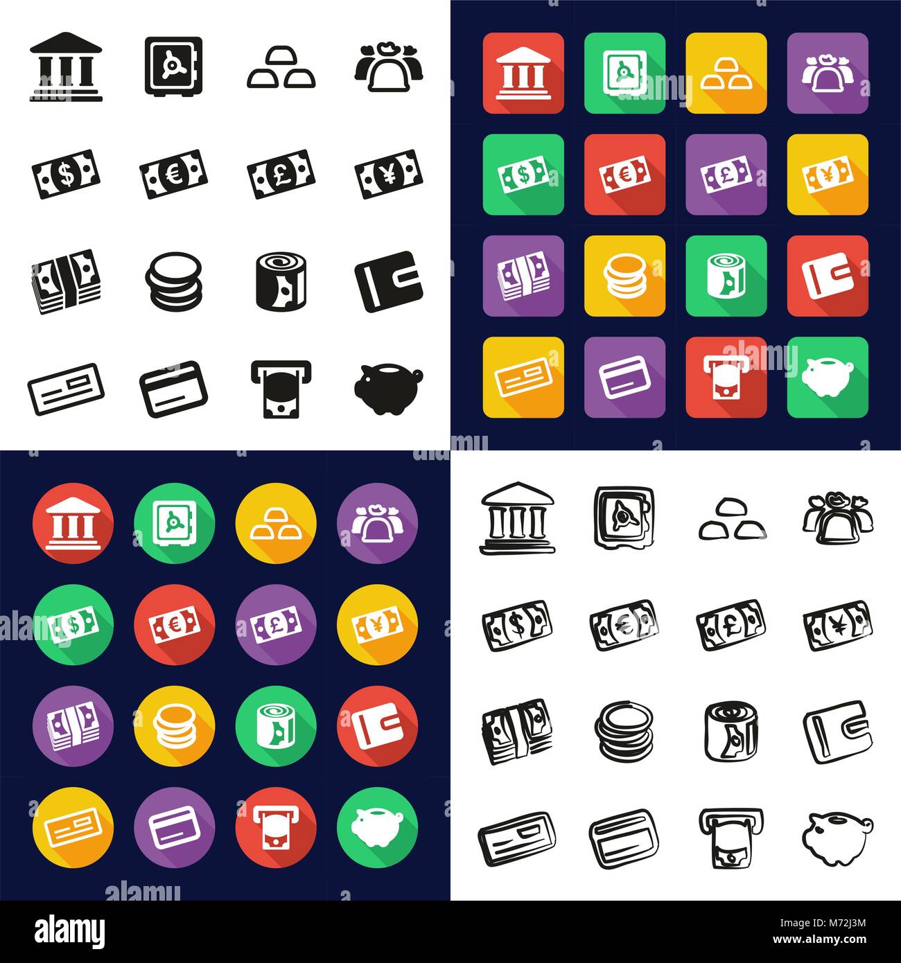 Money All in One Icons Black & White Color Flat Design Freehand Set Stock Vector