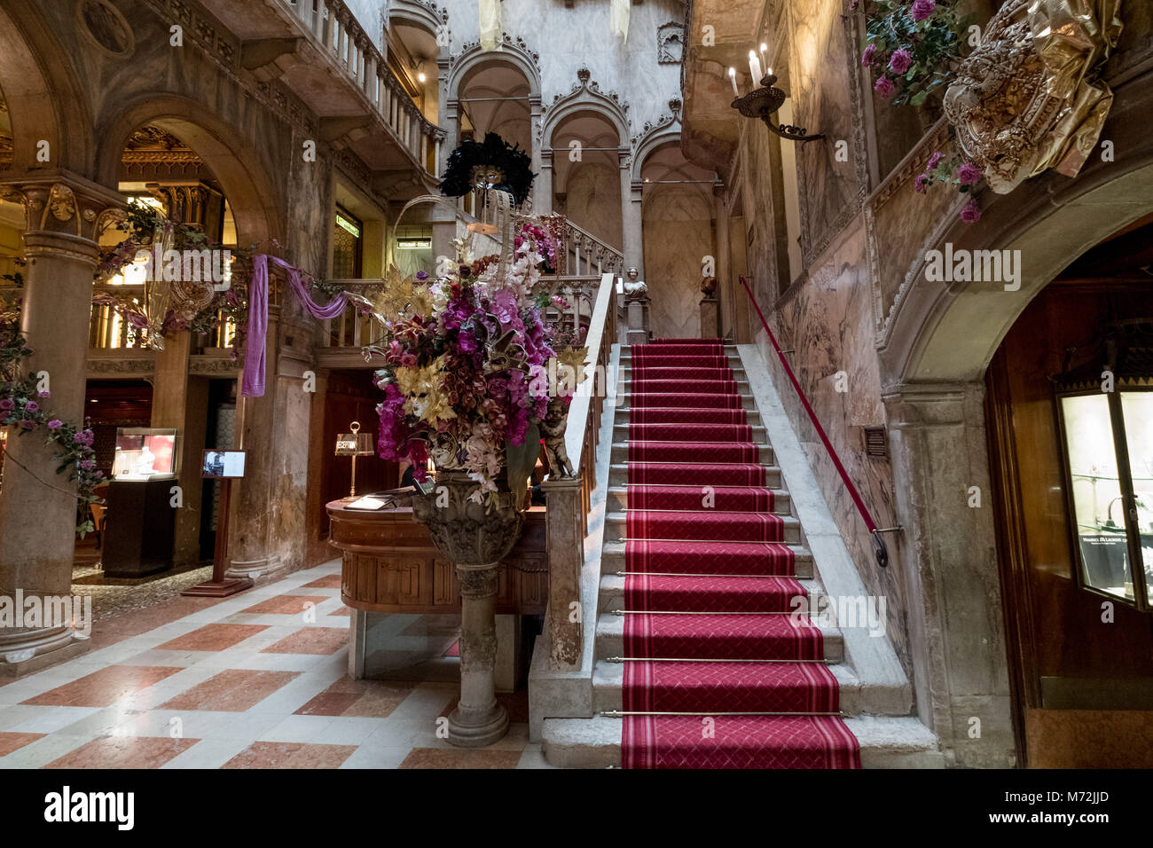 View of the interior staircase and high arches at the Danieli Hotel ...