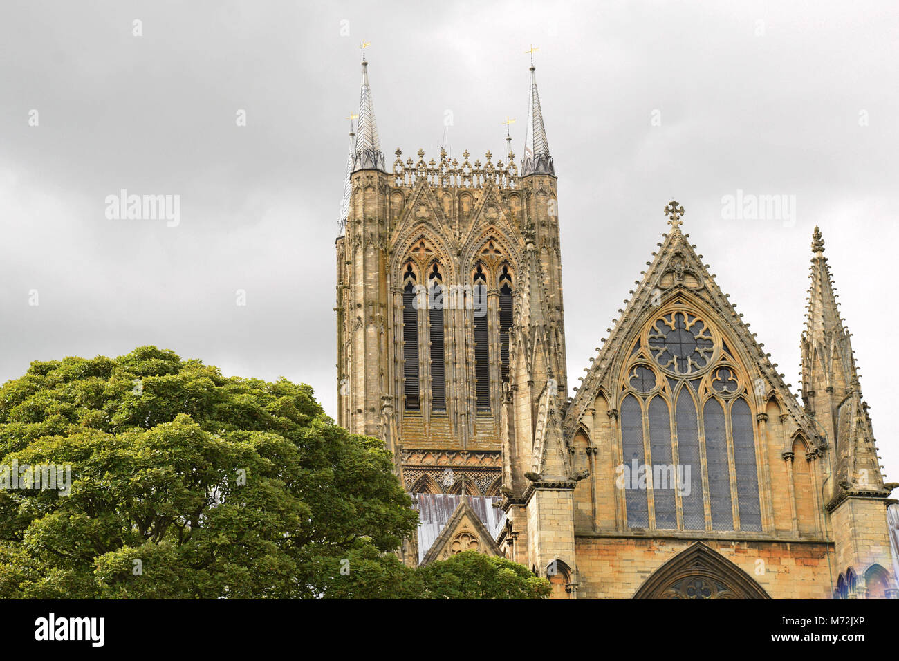 Lincoln Cathedral East Front. Central Tower and East Window. Stock Photo