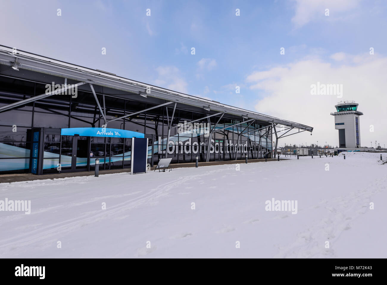 London Southend Airport terminal with snow on ground during beast from the east weather phenomenon. Most flights cancelled. Travel chaos Stock Photo