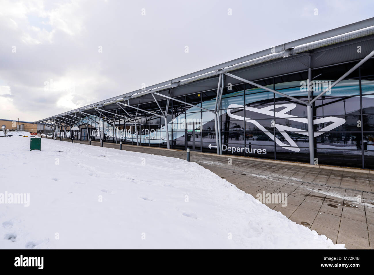 London Southend Airport terminal with snow on ground during beast from the east weather phenomenon. Most flights cancelled. Travel chaos Stock Photo