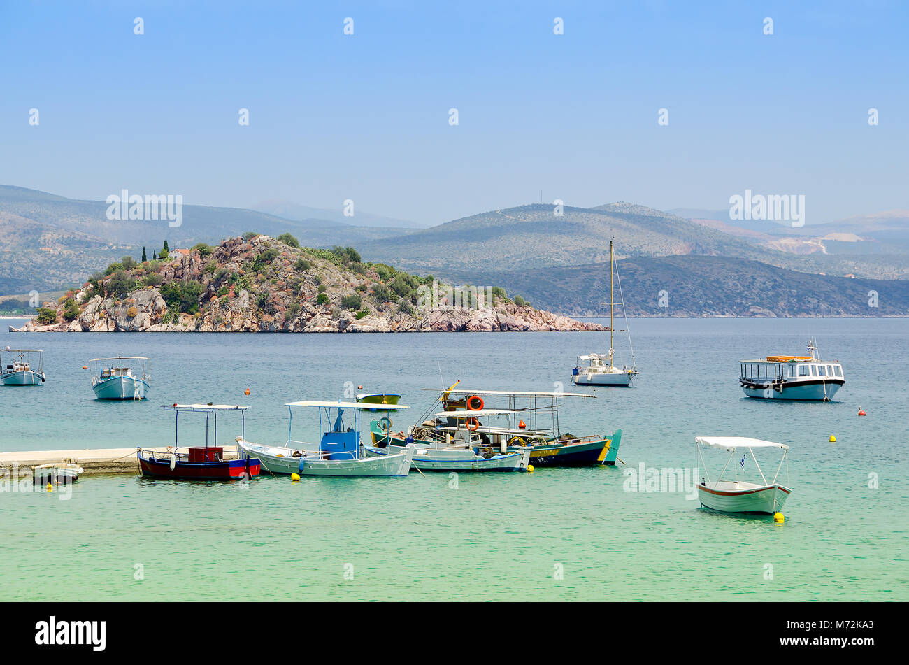 Greece,Peloponesse,Tolo near Nafplion city. View of the sea on Tolo and a small island Stock Photo