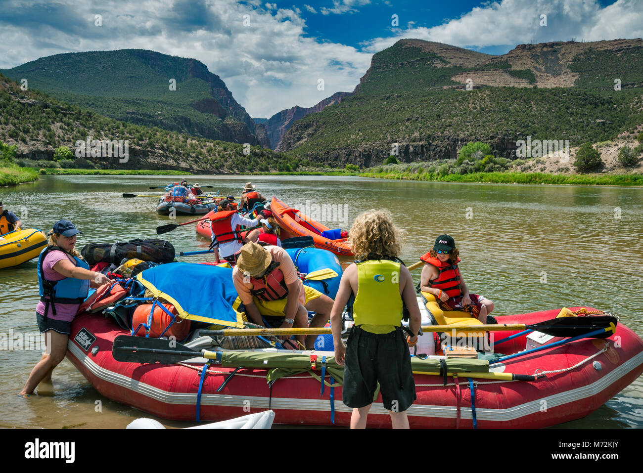 Preparing for rafting trip on Green River down Canyon of Lodore from Gates of Lodore, Dinosaur National Monument, Colorado, USA Stock Photo