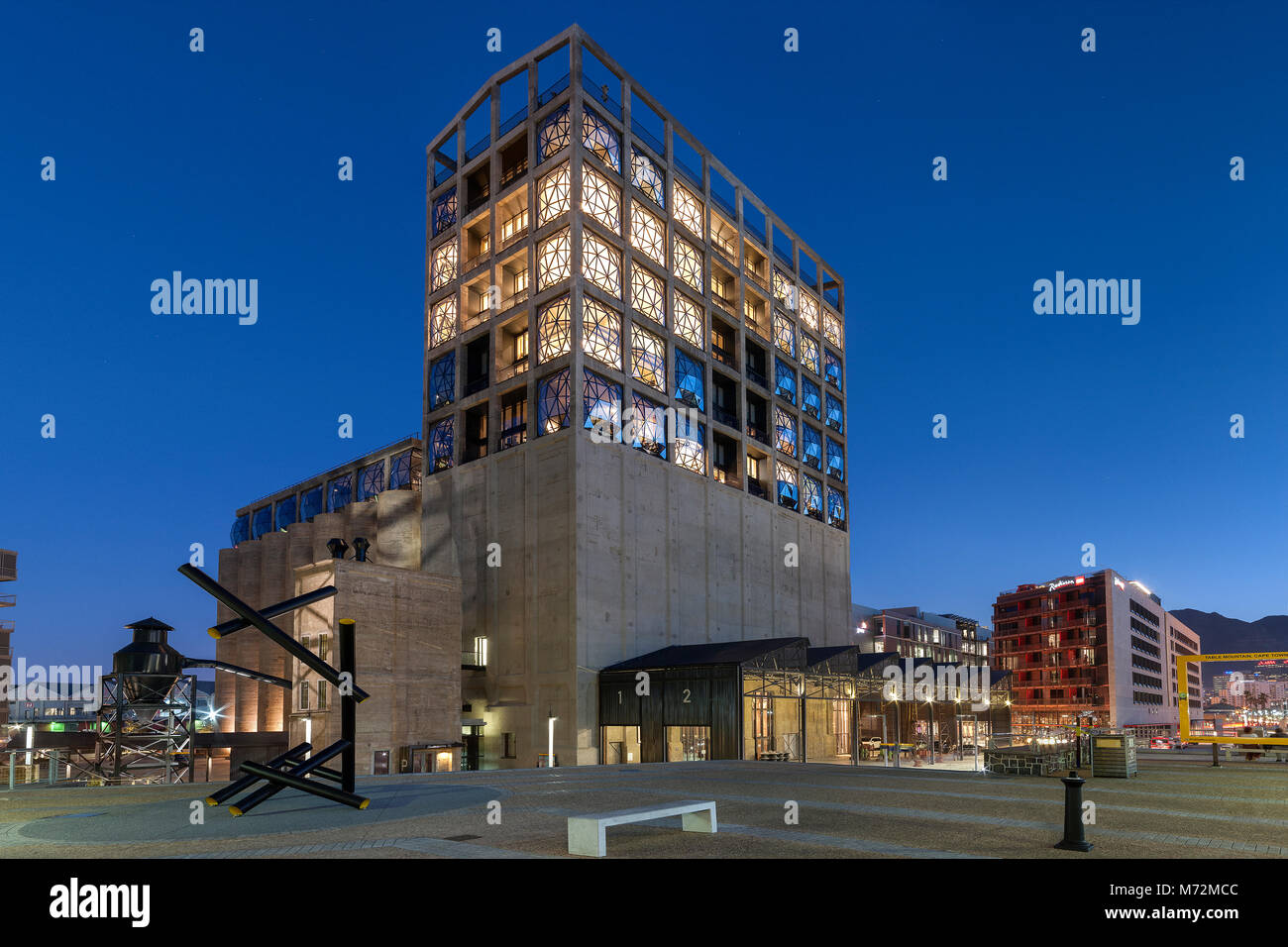 Dusk view of the Zeitz MOCAA (Museum of Contemporary African Art) and the Silo Hotel building in the Cape Town Waterfront. Stock Photo