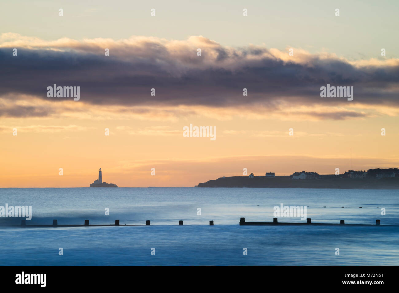 St. Mary's lighthouse from Blyth beach, Northumberland, England Stock