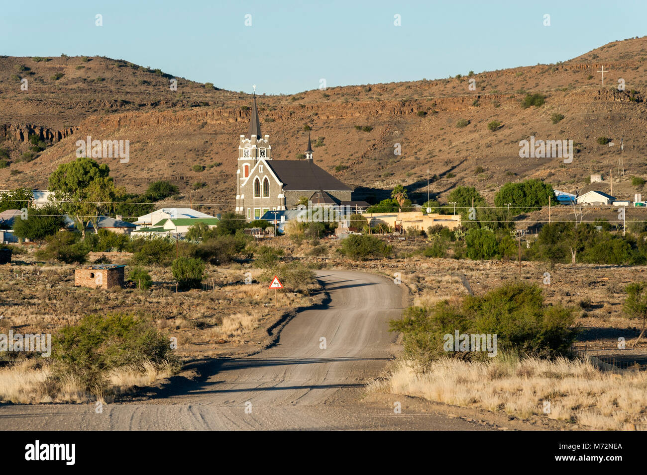 The town and church of Merweville in the Karoo region of South Africa. Stock Photo