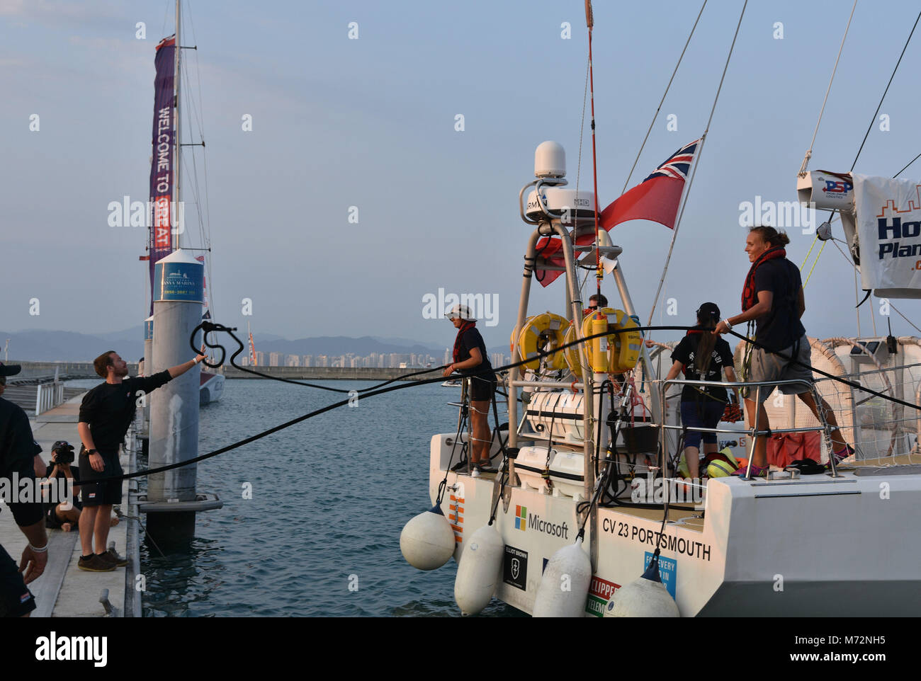 Clipper 70 yachts in the first in-port race at Sanya Gang, as part of the Clipper Round the World Yacht Race in Sanya, China on February 28, 2018. Stock Photo