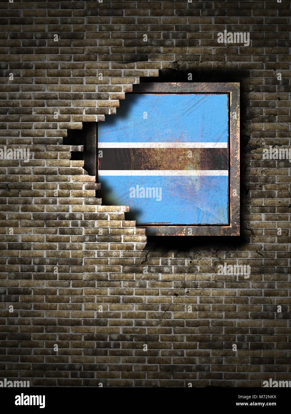 3d rendering of a Botswana flag over a rusty metallic plate embedded on ...