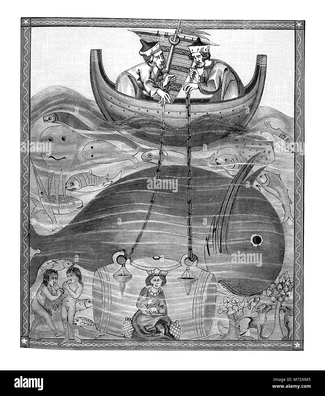 Fantastic medieval representation of sea depth waters, with human and whale underwater, XII century illustration Stock Photo