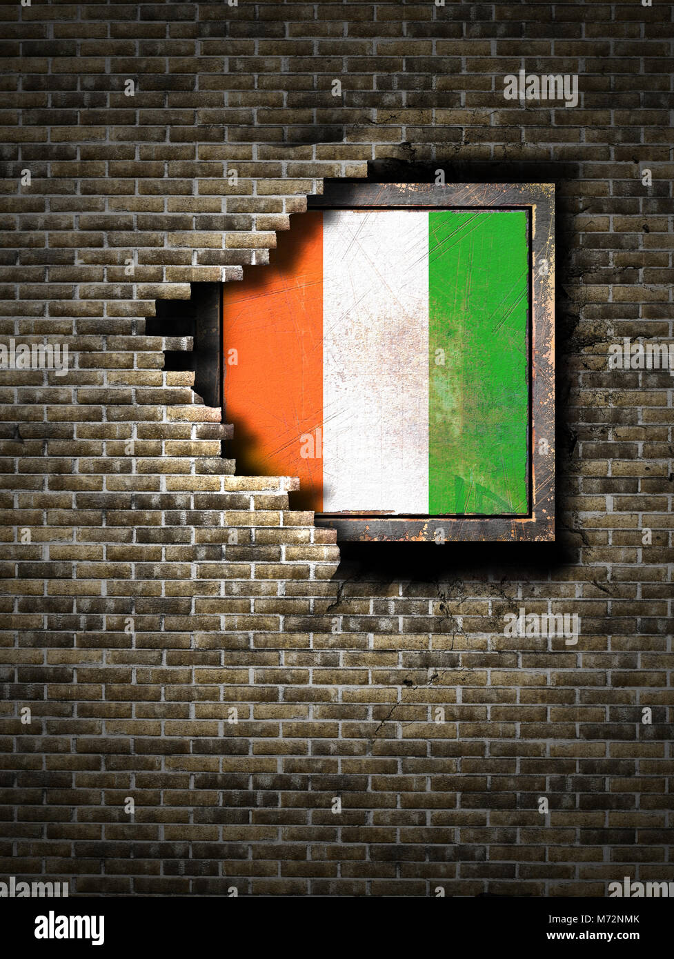 3d rendering of an Ivory Coast flag over a rusty metallic plate ...